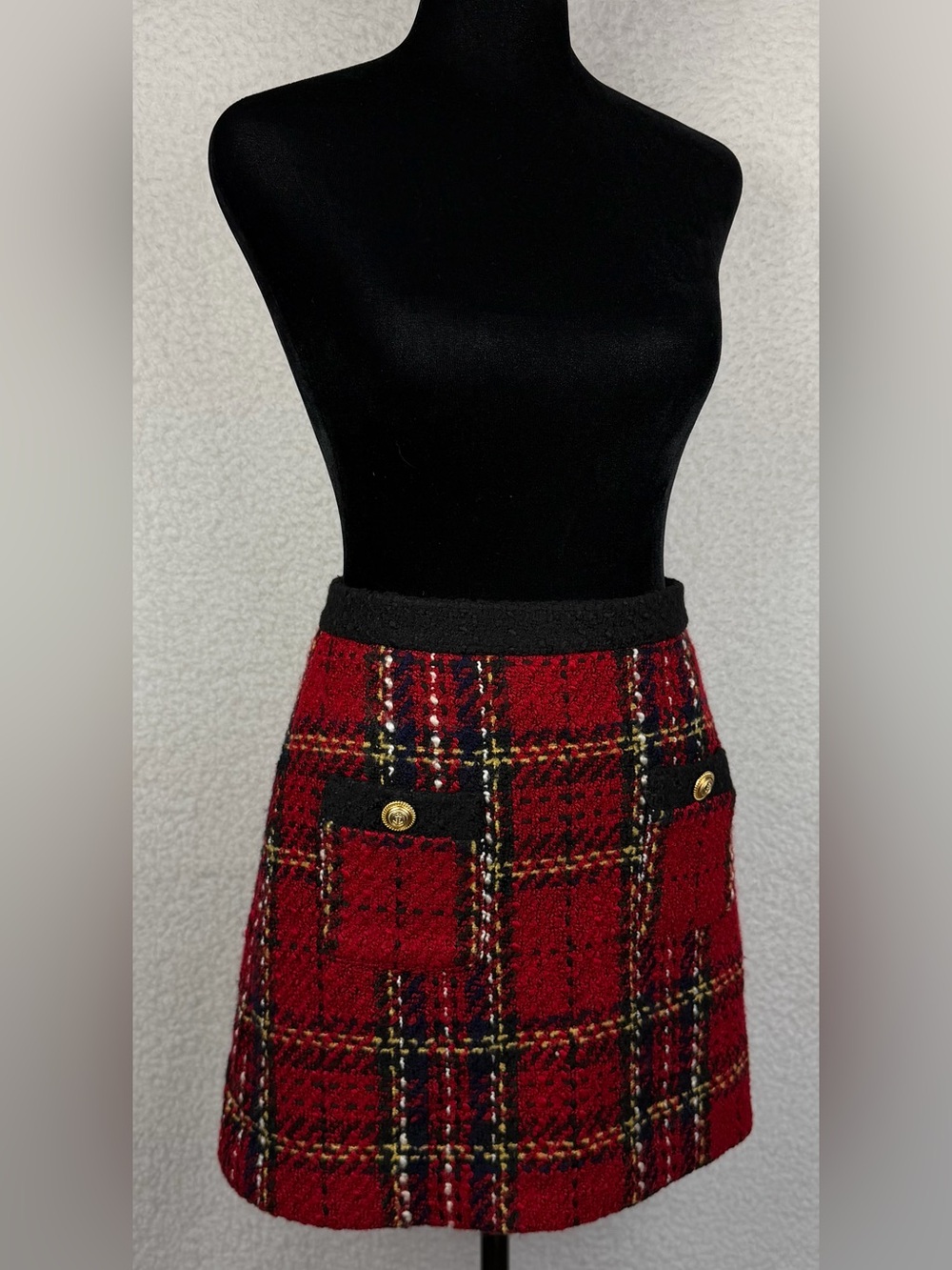 ZARA • Red/Black Tartan Plaid Tweed Mini Skirt, XS - Picture 9 of 16